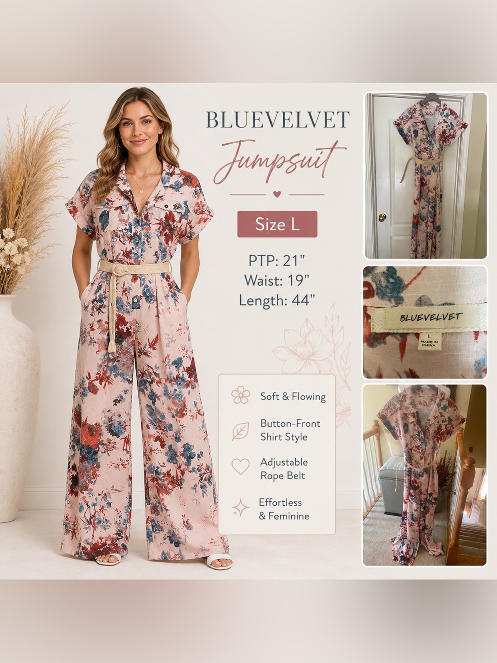 Blue Velvet Floral Button-Front Jumpsuit in Blush Floral - EUC